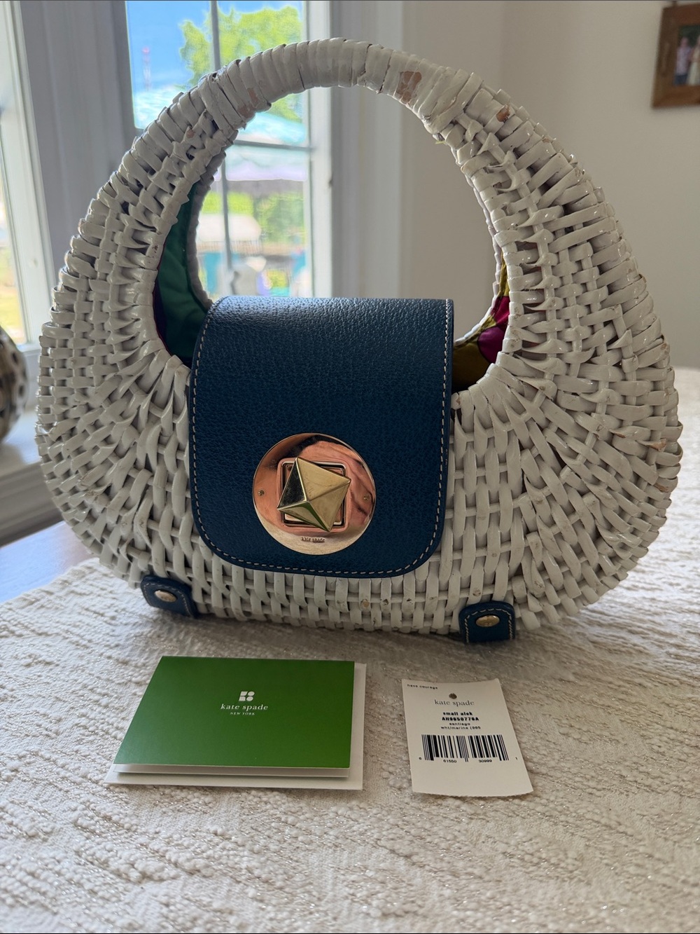 Kate Spade Rare Alek Santiago White Wicker & Blue Flap Over With Turn Lock Bag